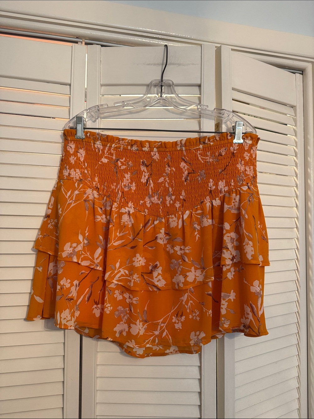 Dynamite Orange Floral Tiered Smocked Mini Skirt